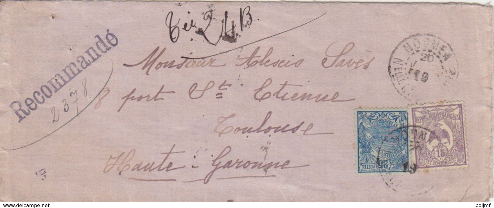 Lettre Recommandée Obl Nouméa Le 20 Janv 19 Sur N° 93 15c Violet Cagou Et 95 25c Bleu/vert Rade Pour Toulouse - Lettres & Documents