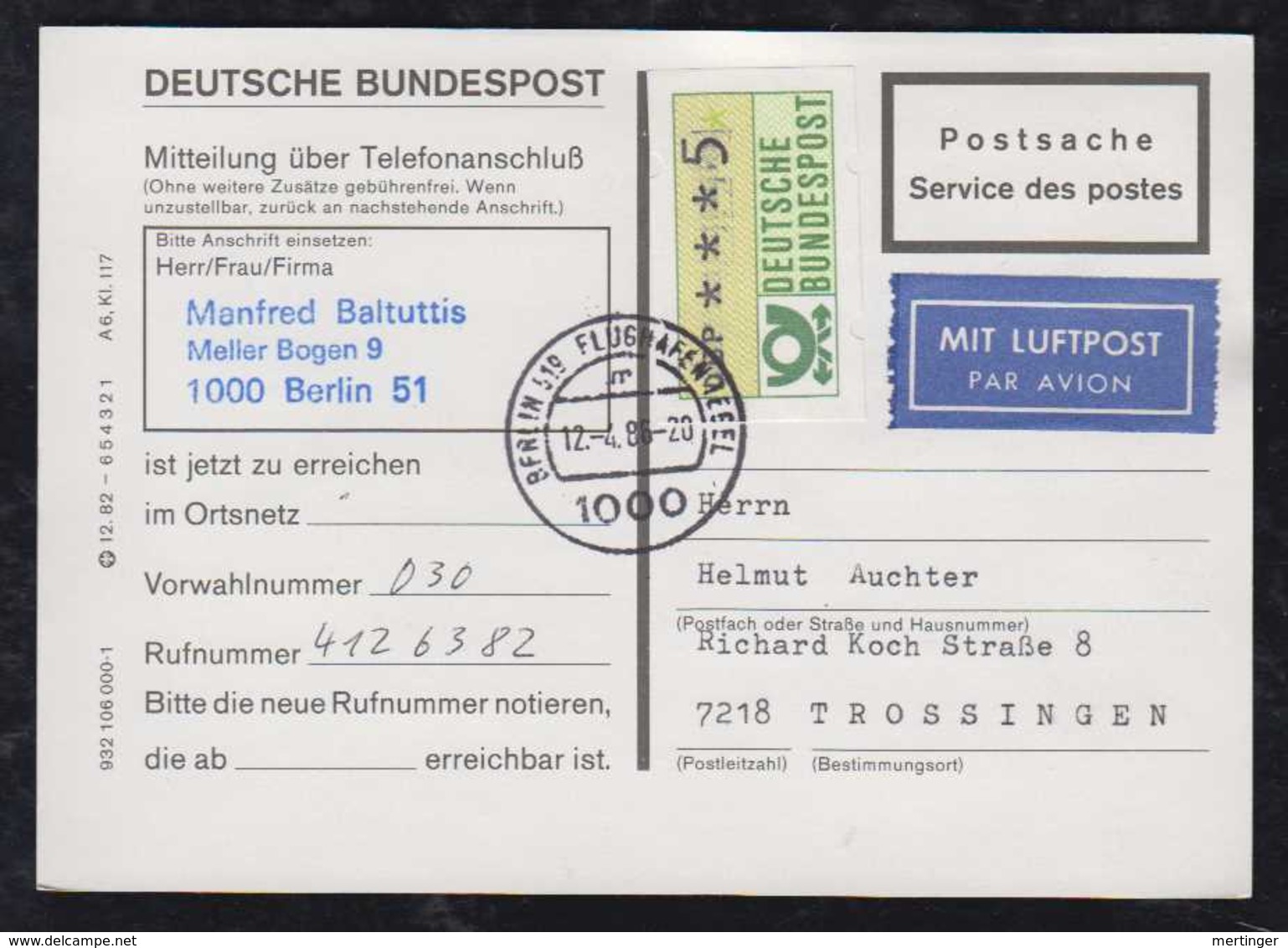 BRD Bund 1986 1x 5 Pf ATM Einzelfankatur Luftpostzuschlag Berlin – Trossingen Telefonanschluss - Machine Labels [ATM]