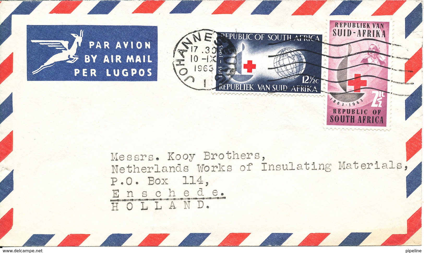 South Africa Air Mail Cover Sent To Holland Johannesburg 10-9-1963 With Complete Set RED CROSS - Poste Aérienne