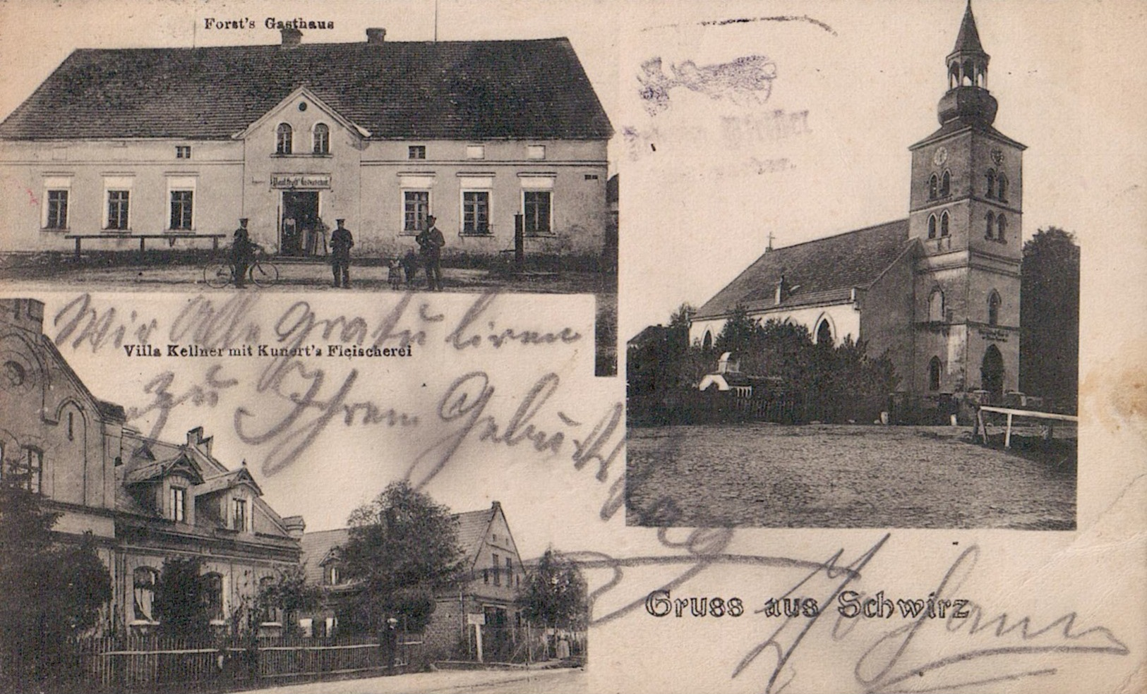 Gruss Aus Schwirz, 1909. Frost's Gasthaus, Villa Kellner Mit Kunert's Fleischerei. (Gmina Świerczów, Opole). - Polonia