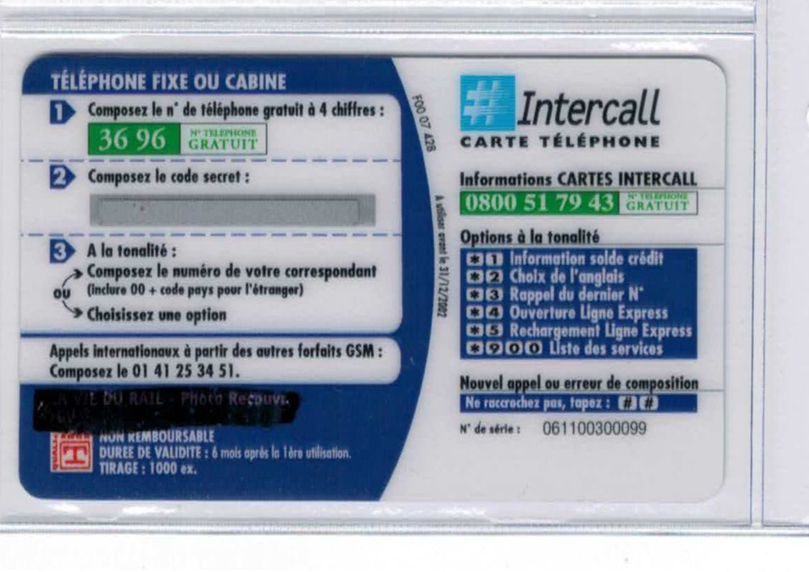 INTERCALL  - Carte Prépayée De France - Avec N° De Lot - Voir Scans - Autres & Non Classés