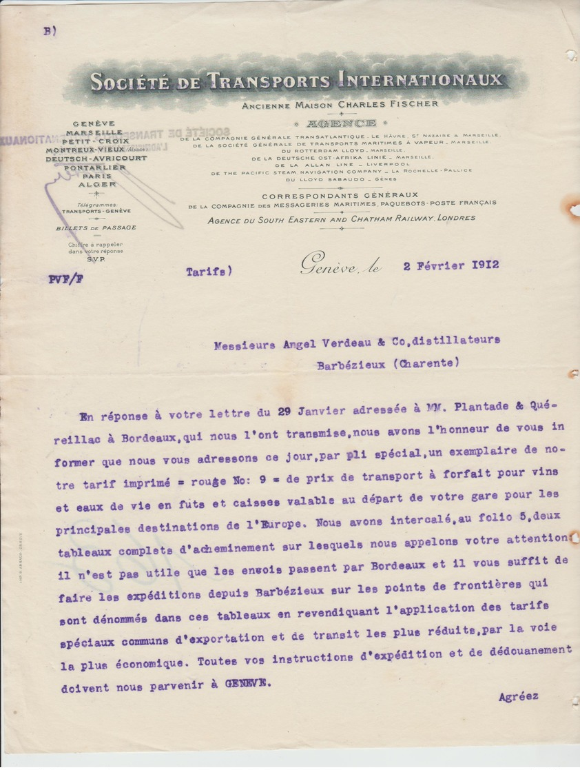 SUISSE: Sté TRANSPORTS INTx à Genève / Lettre De 1912 Pour Barbezieux - Suisse