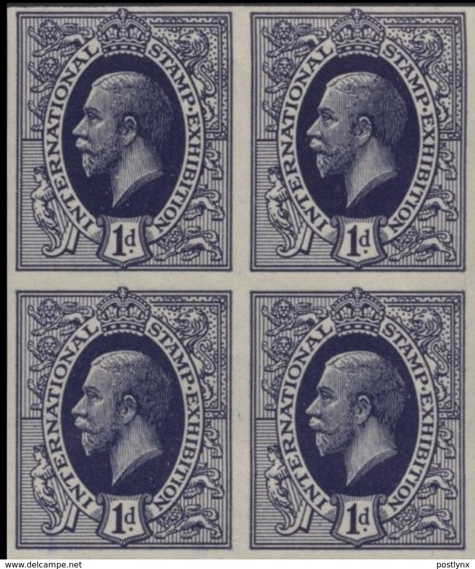 GREAT BRITAIN 1912 George V Dp.Viol.Bl. 1d Int.Stamp Exhibition ESSAY IMPERF.4-BLOCK - Proeven & Herdruk