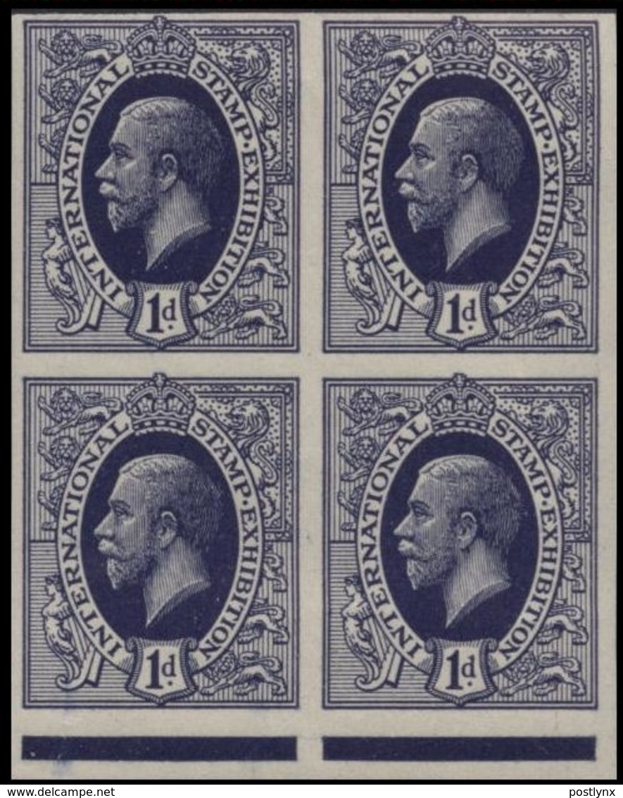 GREAT BRITAIN 1912 George V Dp.Viol.Bl. 1d Int.Stamp Exhibition ESSAY MARG.IMPERF.4-BLOCK - Prove & Ristampe