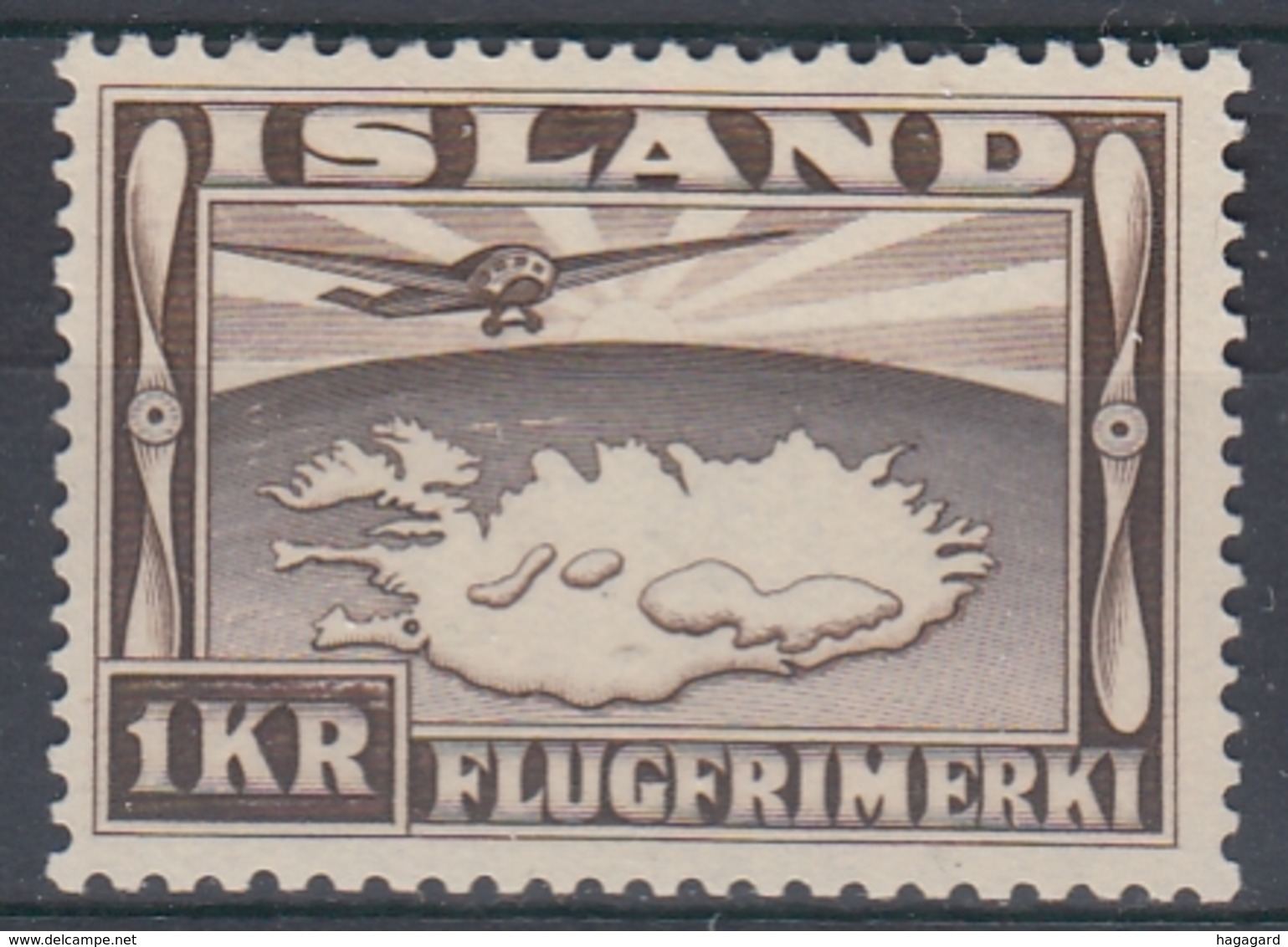 +Iceland 1934. Airmail 1 Kr . AFA/ Michel 179.  MNH(**). - Poste Aérienne