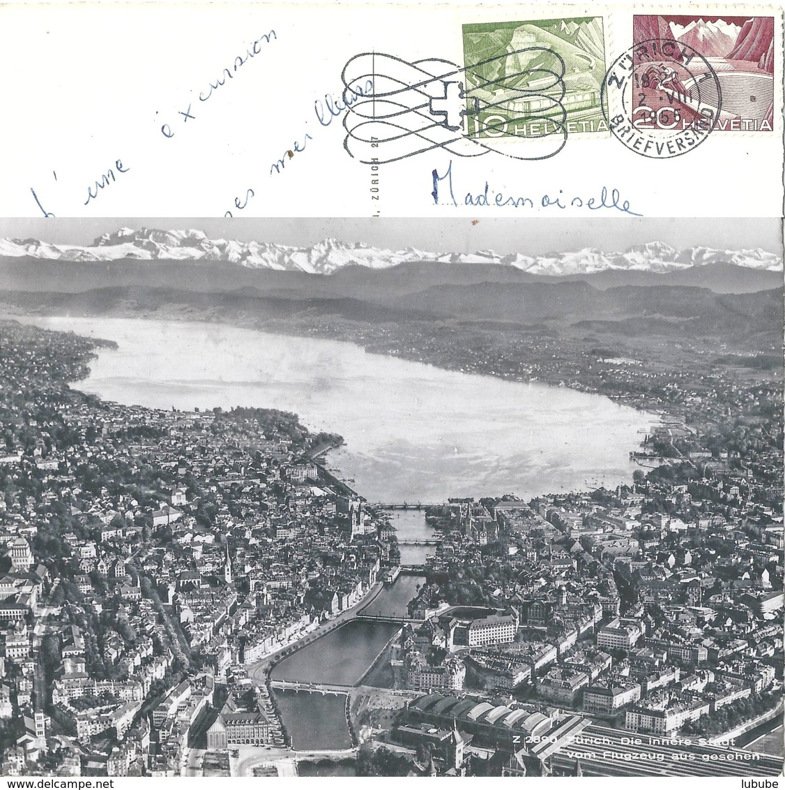 AK  "Zürich - Luftaufnahme" - Frankreich  (Rollenfrankatur)          1956 - Franqueo