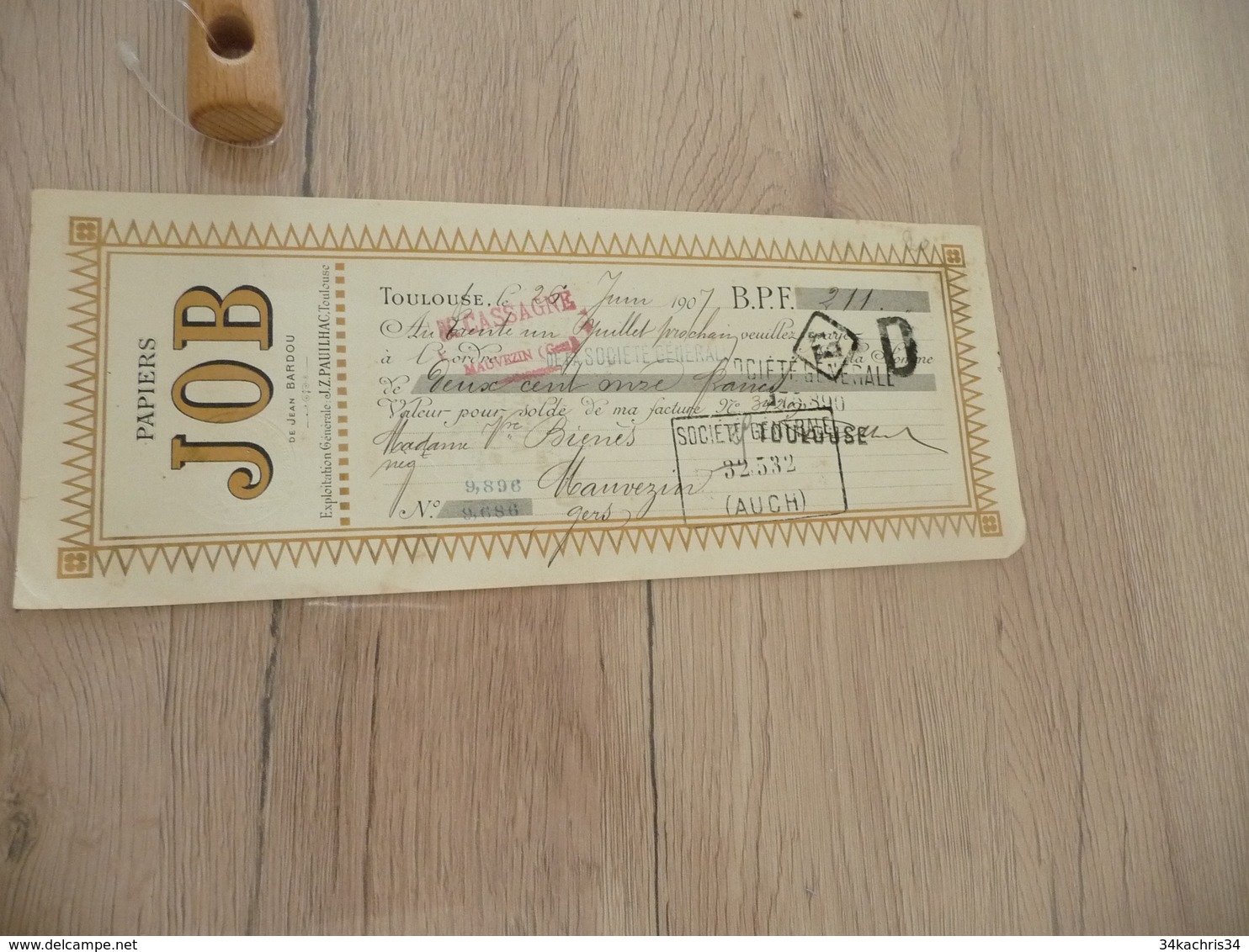 Chèque Reçu Toulouse 1907 Papiers JOB De Jean Bardou - Autres & Non Classés