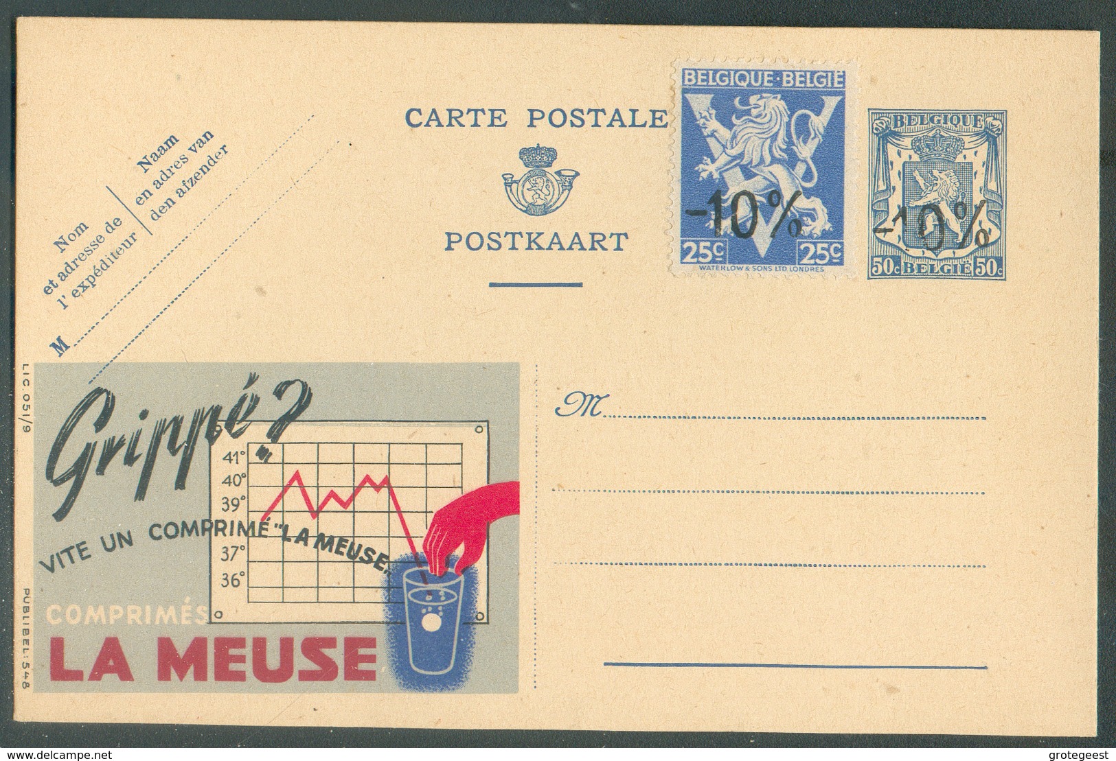 E.P. Carte -10% 50c. + Tp 25c. LION V PUBLIBEL Lic. 051/9 GRIPPE COMPRIMES LA MEUSE - 15505 - Werbepostkarten