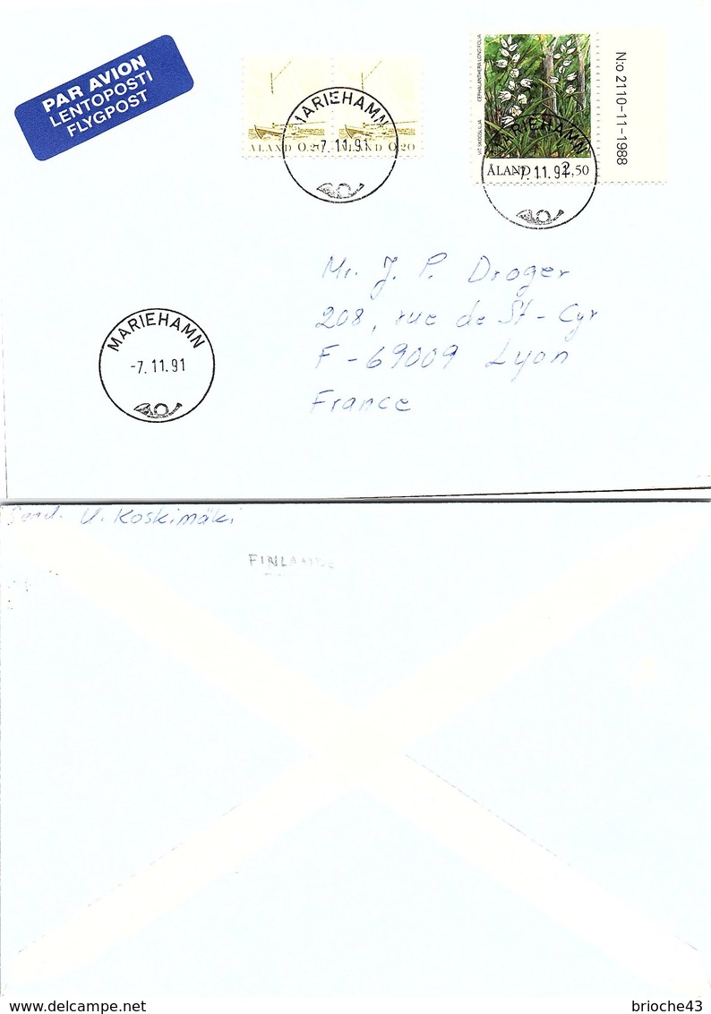 ALAND    - COVER MARIEHAMN 7.11.91 TO LYON FRANCE  / 1 - Lettres & Documents