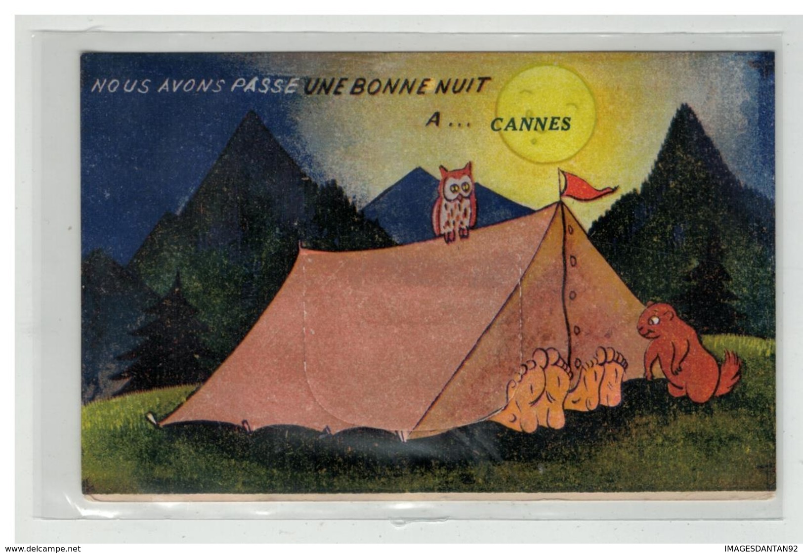 06 CANNES NOUS AVONS PASSE UNE BONNE NUIT CARTE A SYSTEME TENTE CAMPING HIBOU CASTOR LUNE HUMOUR PAR ILLUSTRATEUR - Cannes