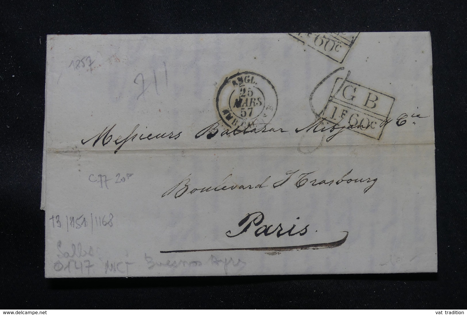 ARGENTINE- Lettre De Buenos Aires Pour La France En 1857 , Voir Cachets Et Taxes D'acheminement - L 57609 - Préphilatélie