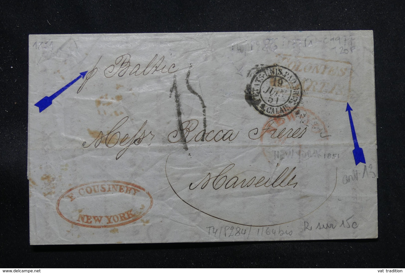 ETATS UNIS - Lettre De New York Pour La France En 1851 , Voir Cachets Et Taxes D'acheminement - L 57612 - …-1845 Prephilately