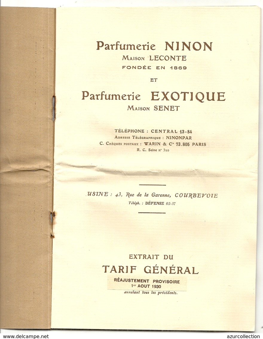 TARIFS 1930 . PÄRFUMERIE NINON ET PARFUMERIE EXOTIQUE .20 Pages - Kataloge