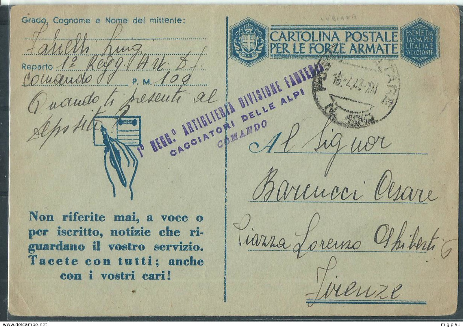 FRANCHIGIA PM 100 DIV.CACCIATORI DELLE ALPI I°REGGIMENTO ARTIGLIERIA  X FIRENZE - War 1939-45