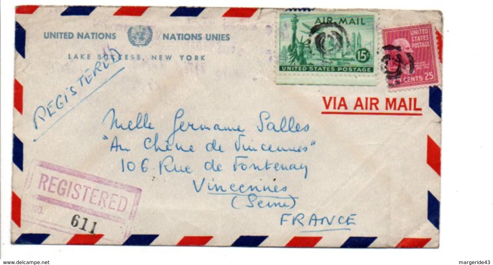 USA ETATS UNIS AFFRANCHISSEMENT COMPOSE SUR LETTRE RECOMMANDEE DE ONU NEW YORK POUR LA FRANCE 1950 - Lettres & Documents