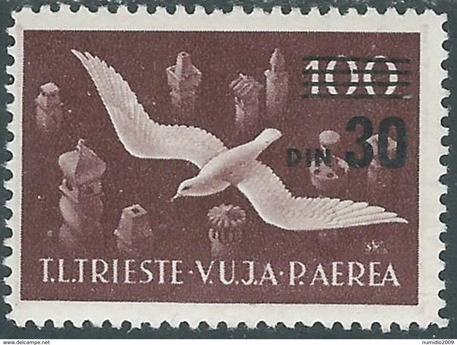 1949 TRIESTE B POSTA AEREA SOPRASTAMPATO 30 D SU 100 LIRE MH * - RC15-7 - Poste Aérienne