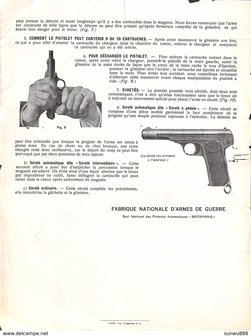 FN Fabrique Nationale D'Armes De Guerre Herstal - Instructions Pistolet Browning Modèle 1922 - Materiale E Accessori