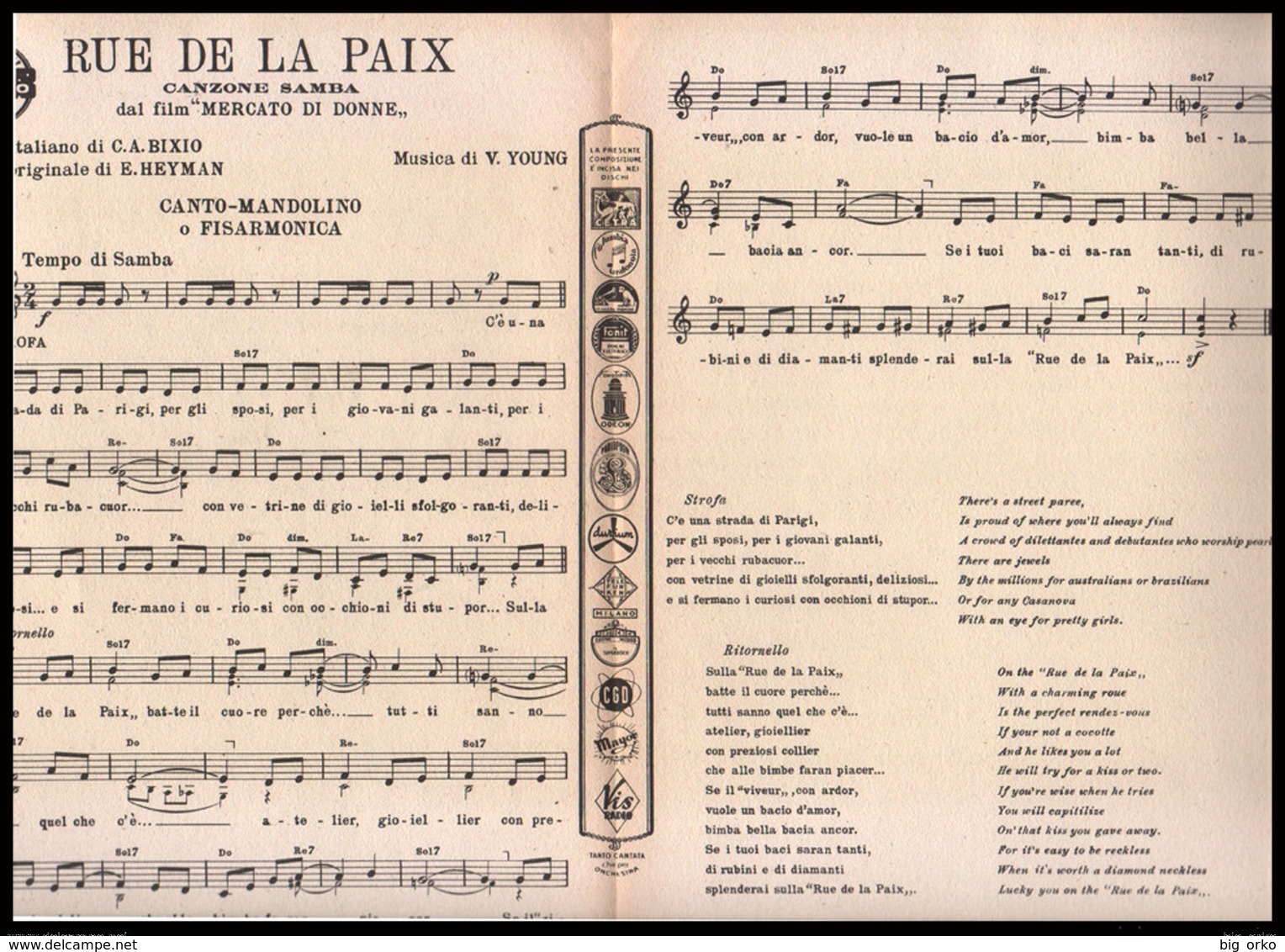 Spartito - Rue De La Paix  (samba - Colonna Sonora Dal Film "Mercato Delle Donne") (V.Young, Testo Or. E.Heyman) 1954 - Música De Películas