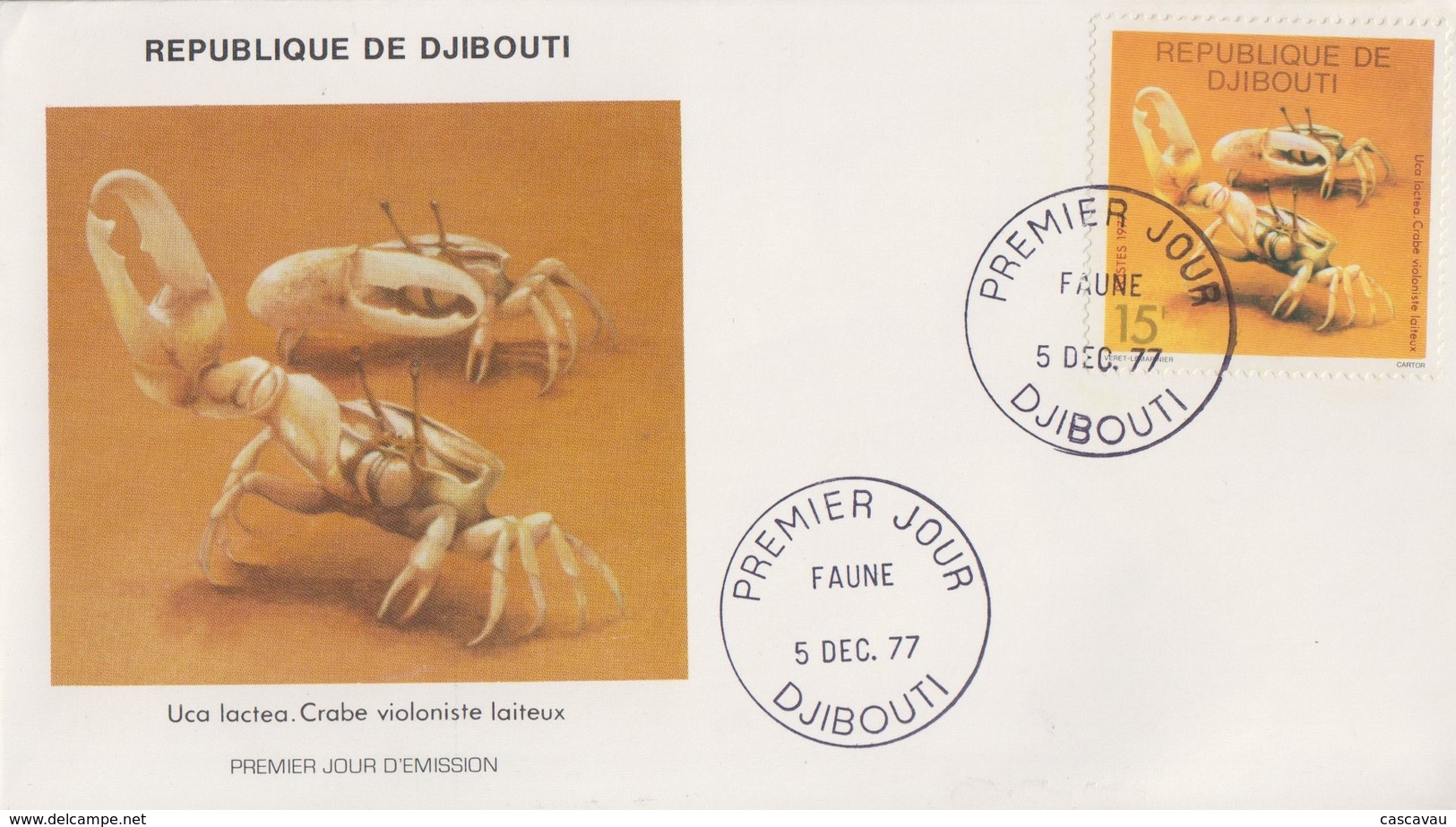 Enveloppe  FDC  1er  Jour   DJIBOUTI    Crabe  Violoniste  Laiteux   1977 - Crustacés