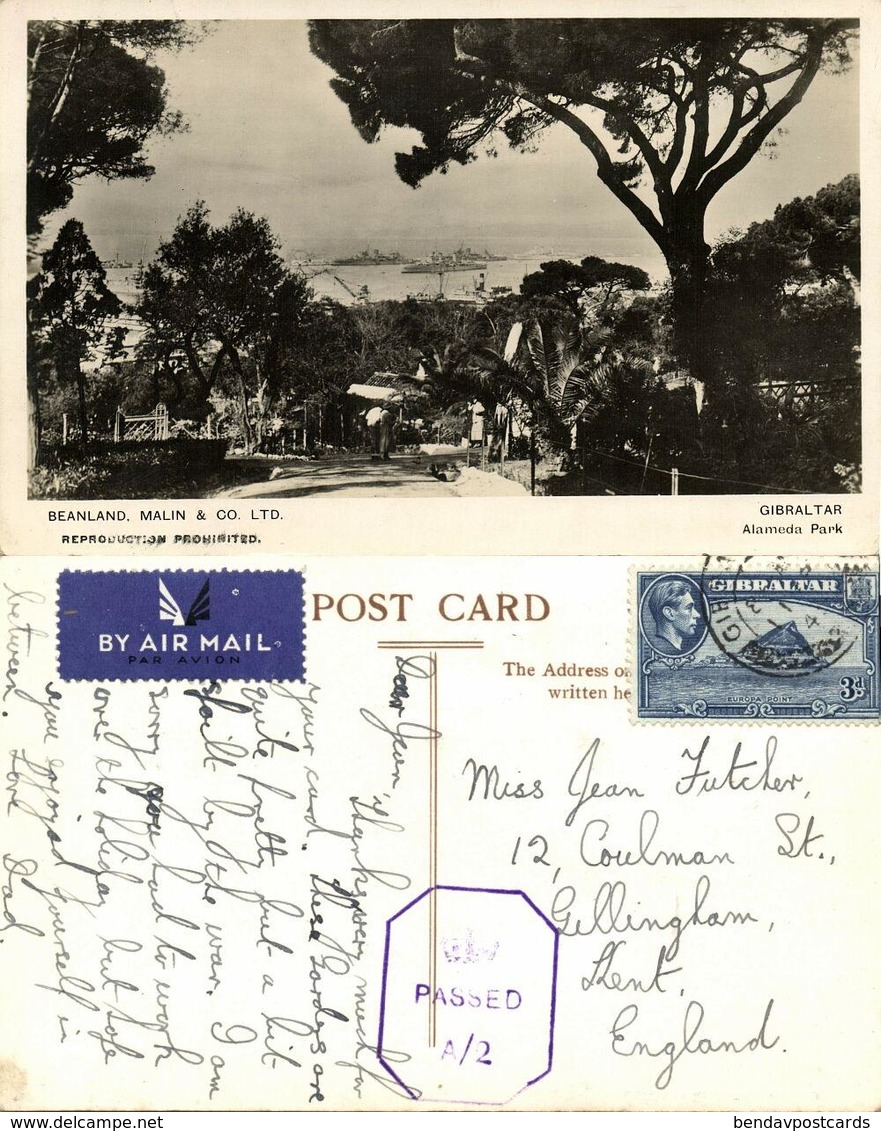 Gibraltar, Alameda Park (1945) RPPC Postcard Censor Cancel - Gibraltar