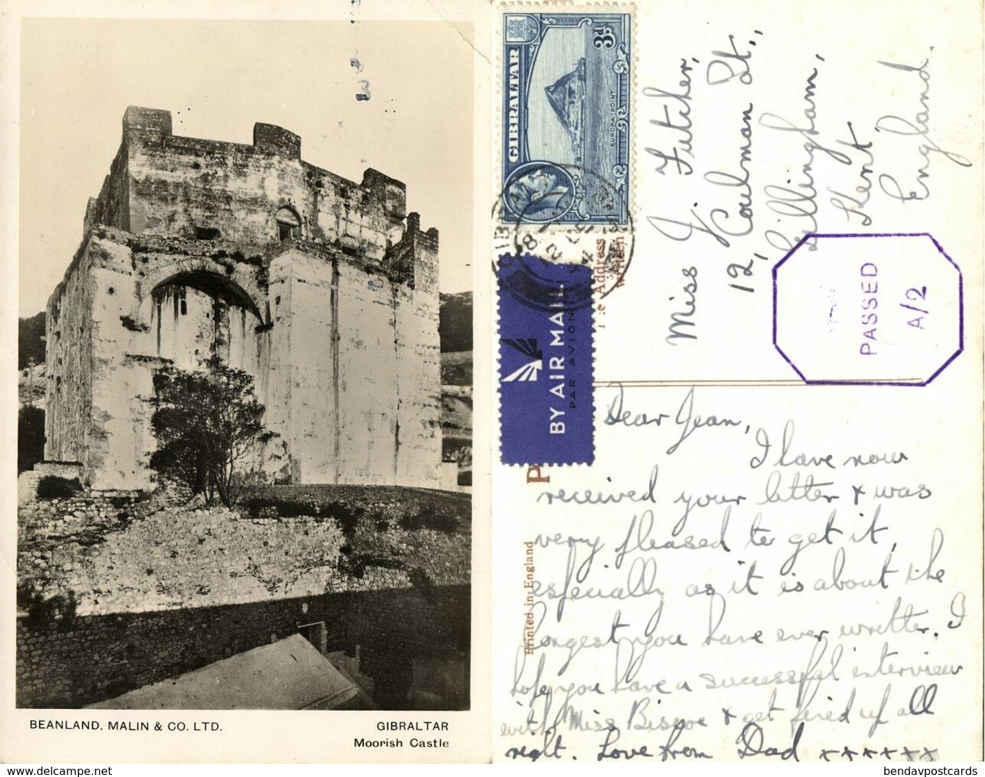 Gibraltar, Moorish Castle (1944) RPPC Postcard Censor Cancel - Gibilterra