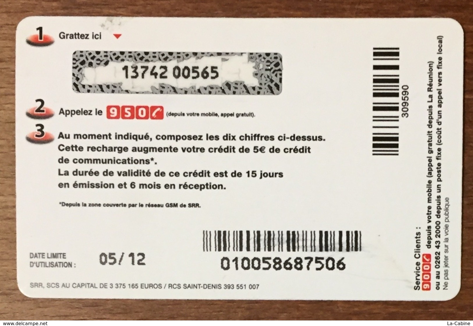 RÉUNION GARÇONS RECHARGE GSM SFR 5 EURO DU 05/12 CARTE PRÉPAYÉE PHONECARD CARD PAS TÉLÉCARTE - Reunion