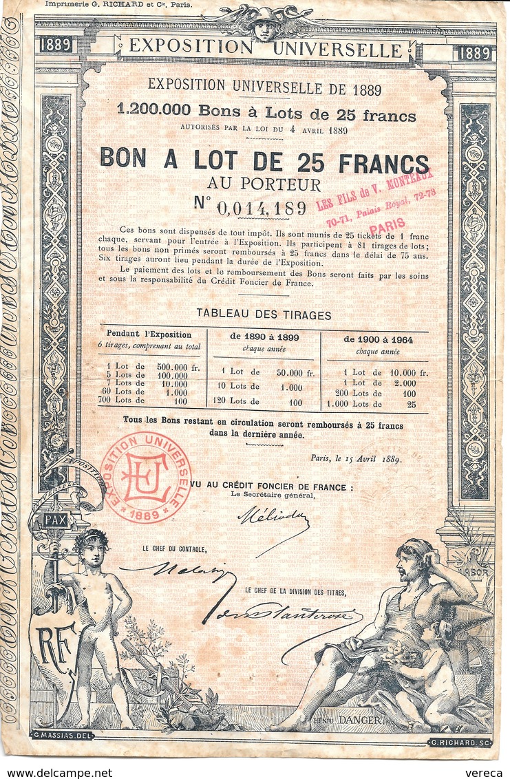 PARIS - Exposition Universelle De 1889 - Bon à Lot De 25 Francs Au Porteur - SUP - Tourisme