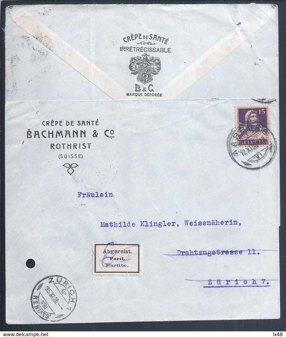 Rare 1920 Letter From The Crêpes De Santé Bachmann, Rothrist, Switzerland. Seltener Brief Von Den Crêpes Santé Bachmann. - Sucreries & Gâteaux