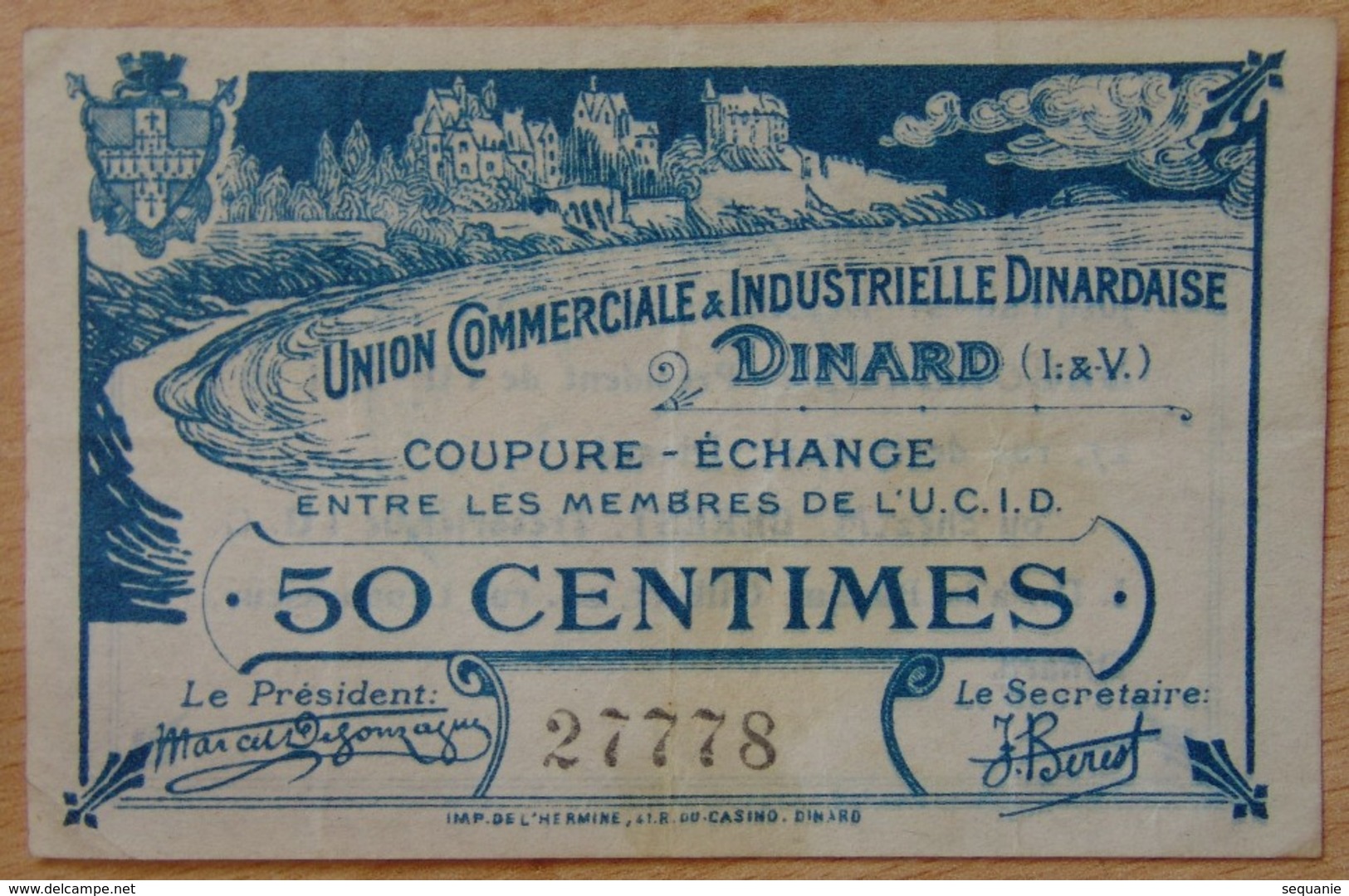 Dinard ( 35 - Ille Et Vilaine ) 50 Centimes U.C.I.D DINARD Remb 31/12/1921 - Bons & Nécessité