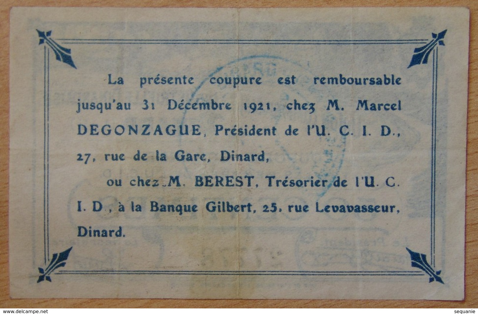 Dinard ( 35 - Ille Et Vilaine ) 50 Centimes U.C.I.D DINARD Remb 31/12/1921 - Bons & Nécessité