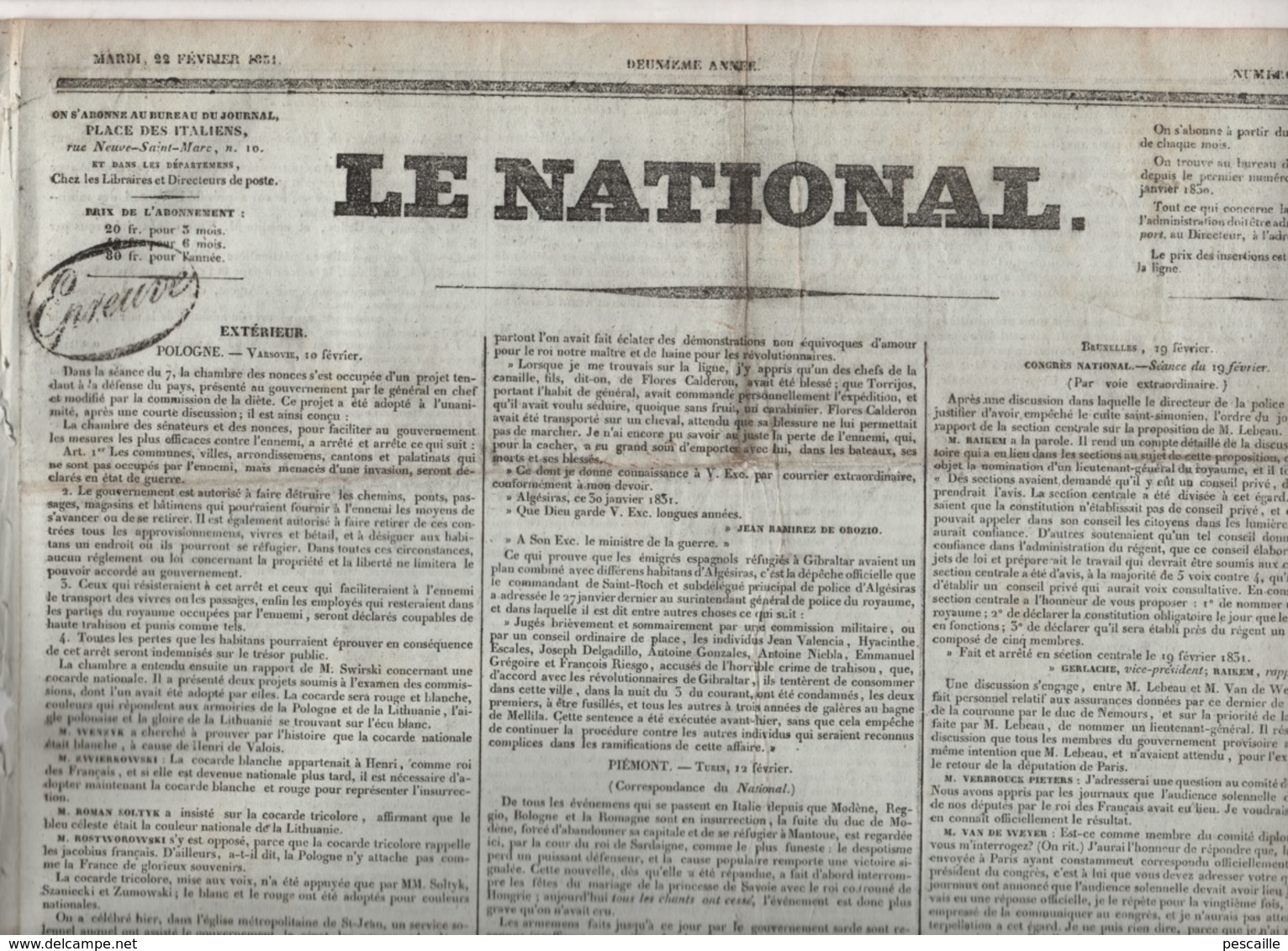 LE NATIONAL 22 02 1831 - POLOGNE - ESPAGNE GIBRALTAR - PIEMONT - MALDEGEM - BELGIQUE - COMPLOTS CARLISTES CADOUDAL ETC - - 1800 - 1849