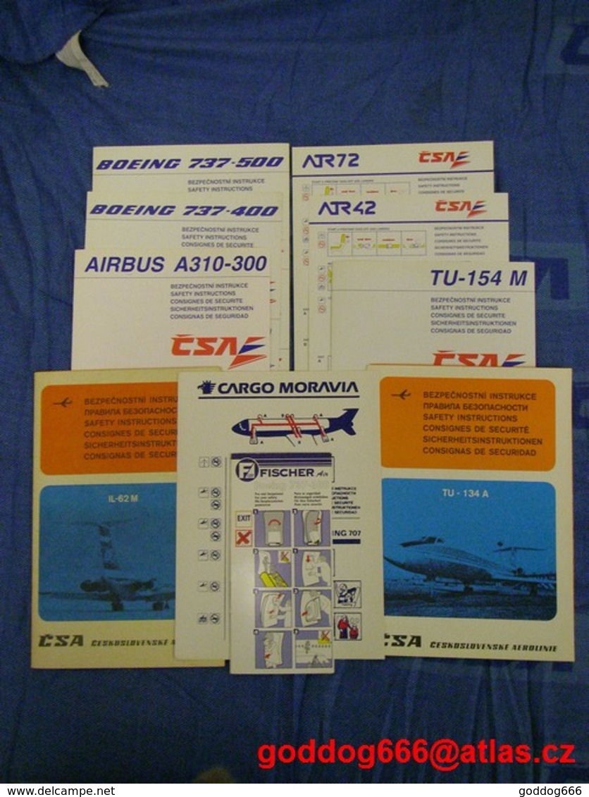 Fly Safety Instruction , CZECHOSLOVAKIA  Before 1989 , ČSA ,Cargo Moravia , Fischer , 10 Pcs. - Scheda Di Sicurezza