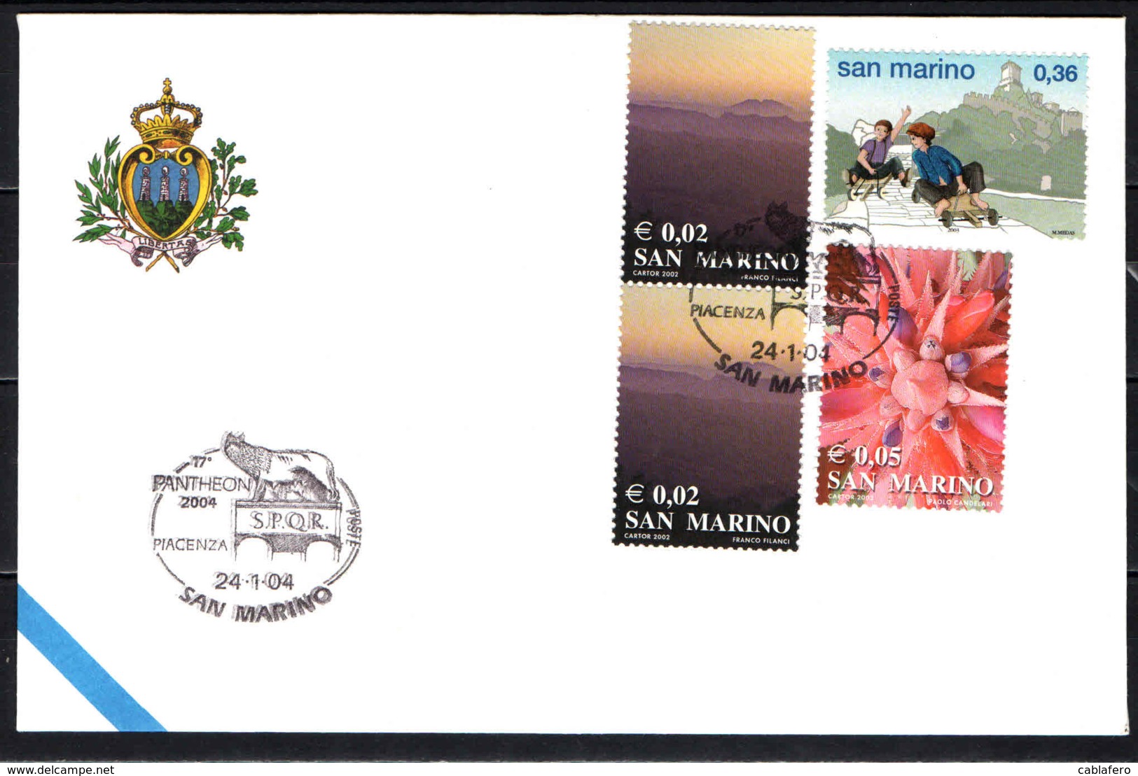 SAN MARINO - 24-1-2004 - PIACENZA - PANTHEON 2004 - ANNULLO SPECIALE - OBLITERATION SPECIALE - SONDERSTEMPEL - Brieven En Documenten