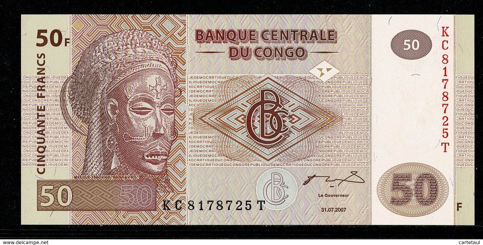 Banque Centrale Du CONGO  Billet 50 Francs Masque / Village Et Pêcheurs Fleuve Congo 31.07.2007  UNC - République Démocratique Du Congo & Zaïre