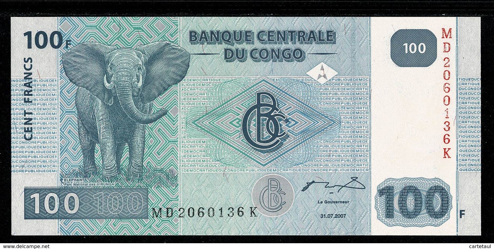 Banque Centrale Du CONGO  Billet 100 Francs  Eléphant / Barrage Hydroélectrique D' INGA II   31.07.2007  UNC - République Démocratique Du Congo & Zaïre