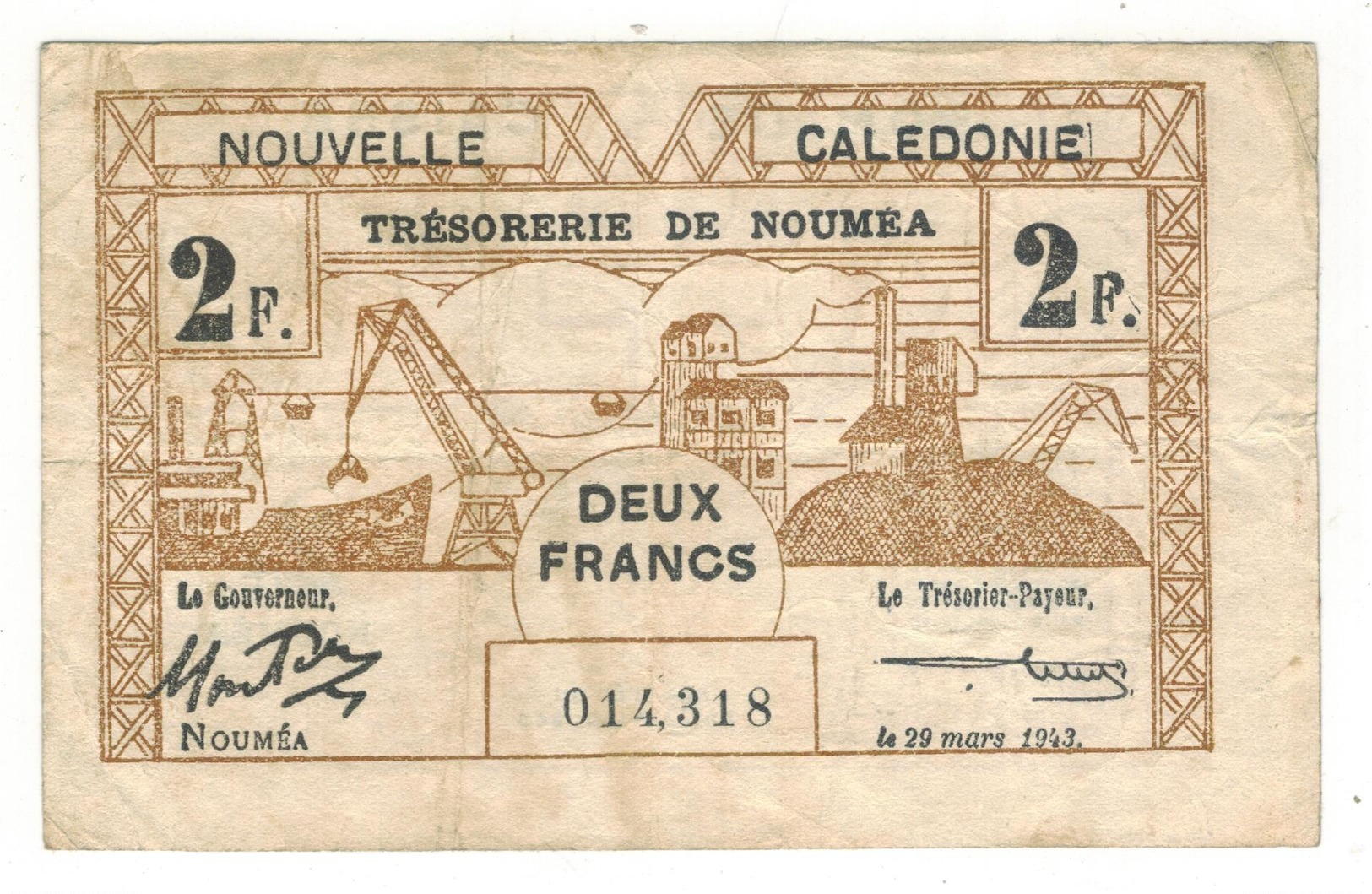 New Caledonia, NOUMEA. 2 Fr. 1943, VF. - Andere - Oceanië