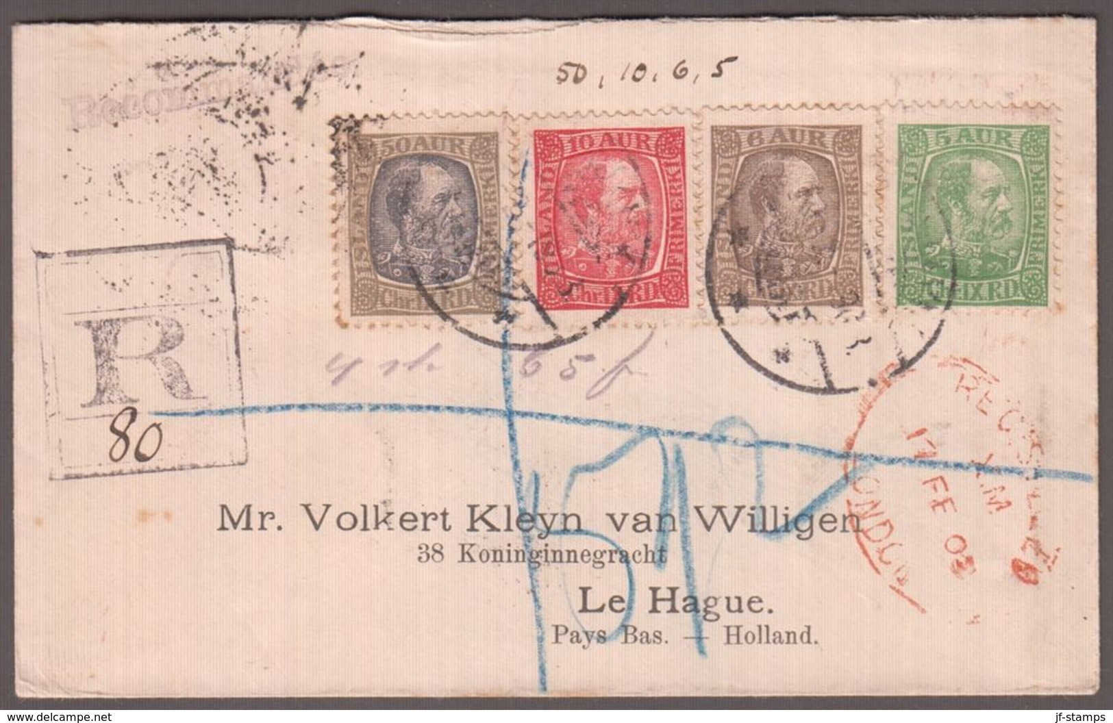 1902. Christian IX. 50 + 10 + 6 + 5 Aur On Beautiful Small Cover From REYKJAVIK To Le... (Michel 44+) - JF136285 - Lettres & Documents