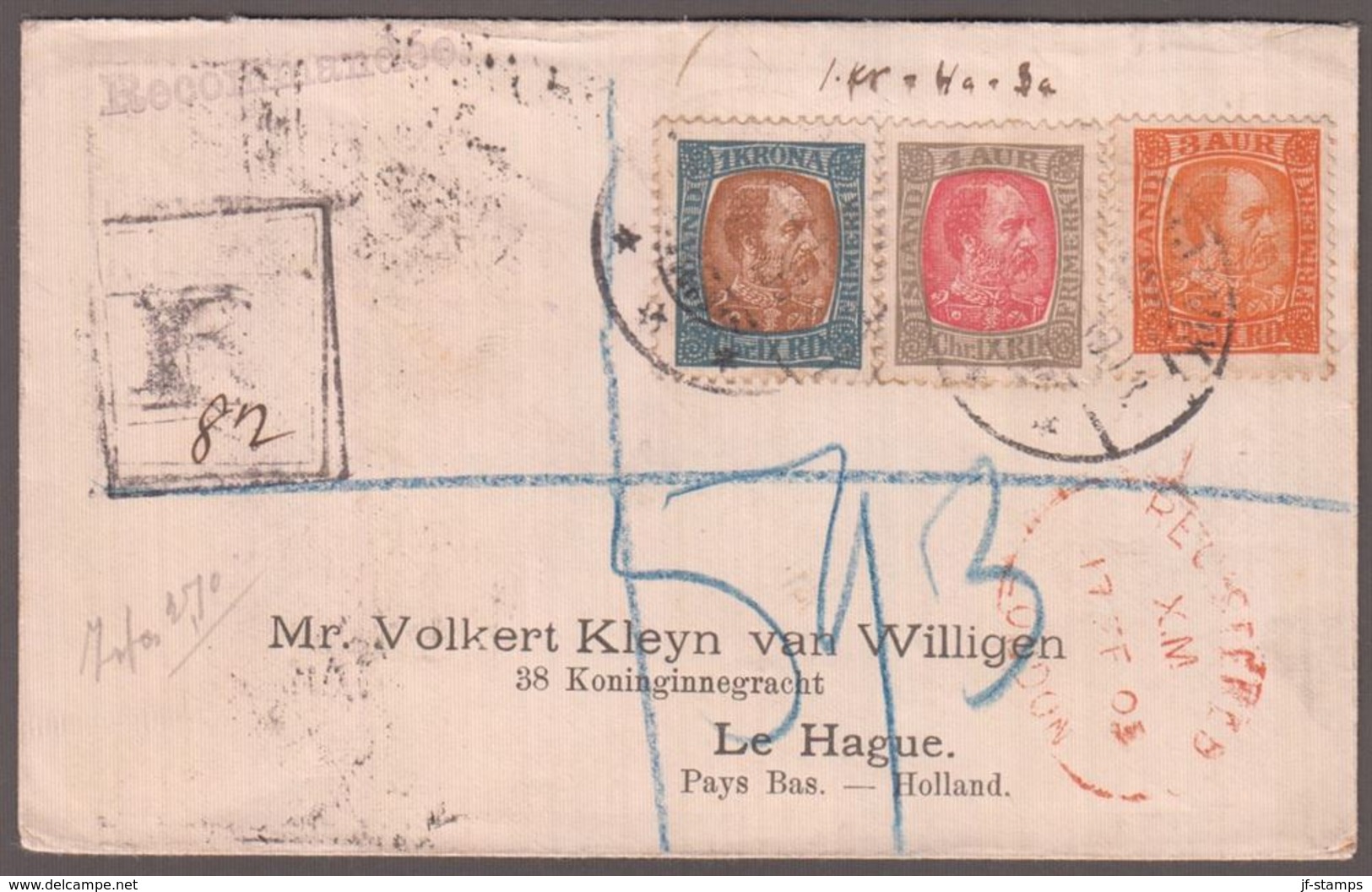 1902. Christian IX. 1 KRONA + 4 + 3  Aur On Beautiful Small Cover From REYKJAVIK To L... (Michel 45+) - JF136287 - Storia Postale