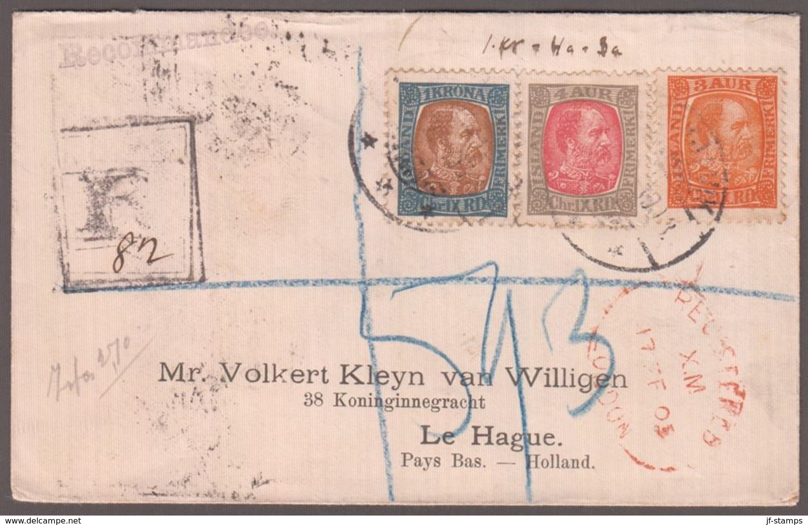 1902. Christian IX. 1 KRONA + 4 + 3  Aur On Beautiful Small Cover From REYKJAVIK To L... (Michel 45+) - JF136287 - Covers & Documents