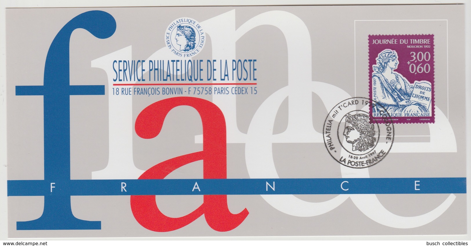 147 Carte Officielle Exposition Internationale Exhibition Cologne Köln 1997 France FDC Journée Du Timbre Mouchon 1902 - Stamp's Day
