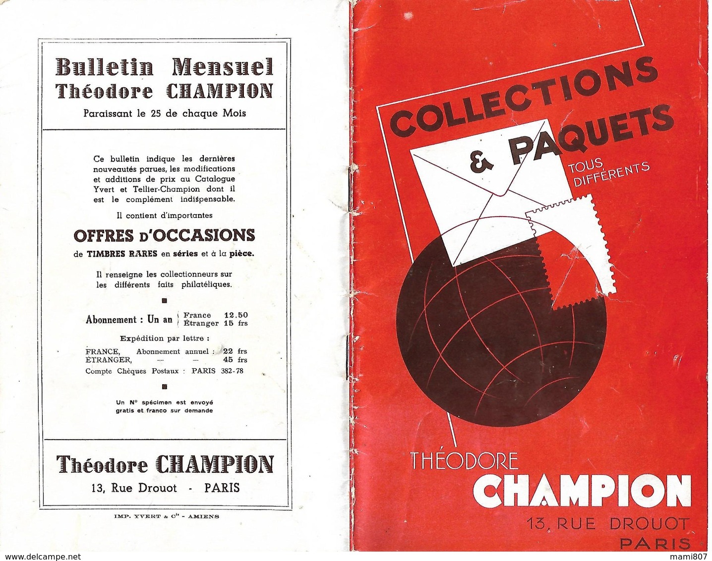 Catalogue De Vente Théodore CHAMPION - Collections Et Paquets - 30 Pages - 1937 / 1938 - TBE - Catalogues For Auction Houses