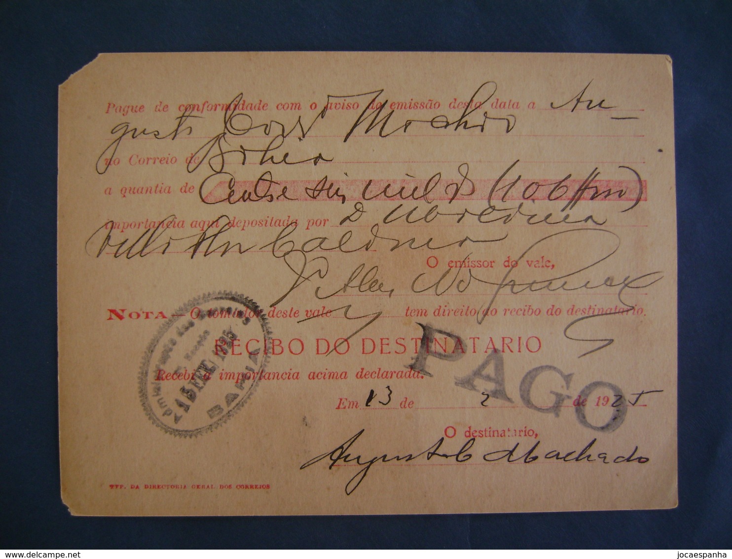 BRAZIL / BRASIL - MONEY ORDER ISSUED IN BAHIA IN FEBRUARY 1925 IN THE STATE - Sonstige & Ohne Zuordnung