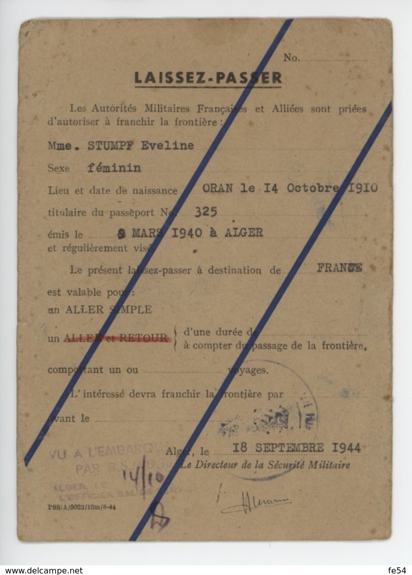 ° WW2 ° ALGER 1944 ° LAISSEZ - PASSER ° En Français Et En Anglais ° - Documents Historiques
