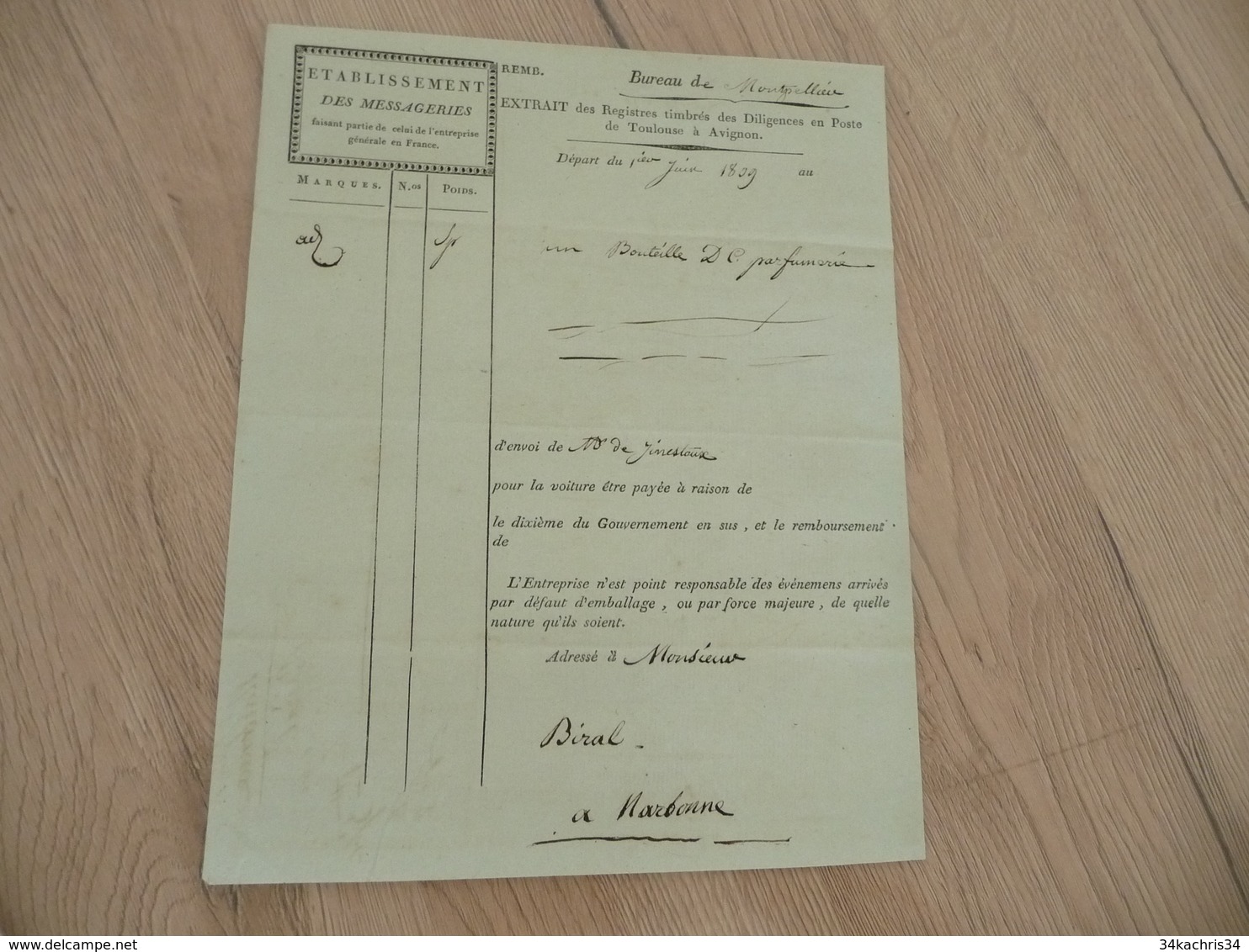 Lettre De Voiture Manuscrite Montpellier établissement Des Messageries Postes Diligences 1809 Pour Narbonne Parfums - Transport