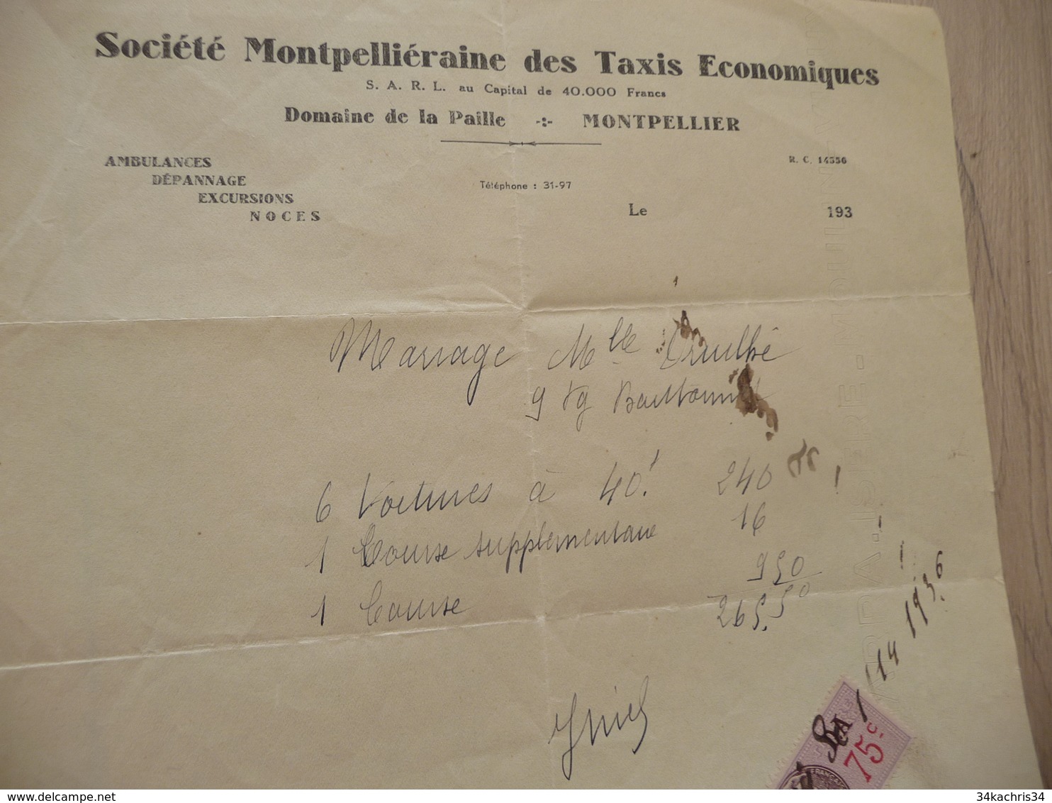 Facture Société Montpelliéraine De Taxis économiques Vers 1930 - Transportmiddelen