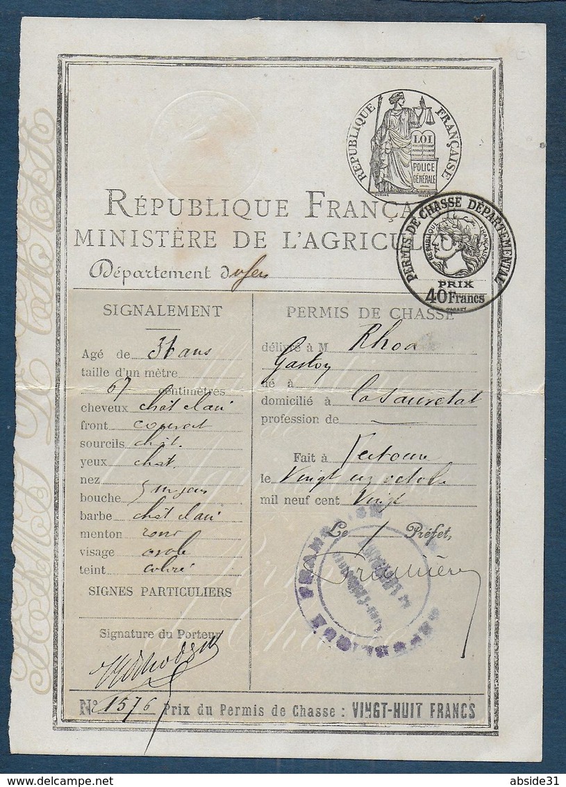 Permis De Chasse Départemental  De 1920 - La Sauvetat ( Gers ) - Otros & Sin Clasificación