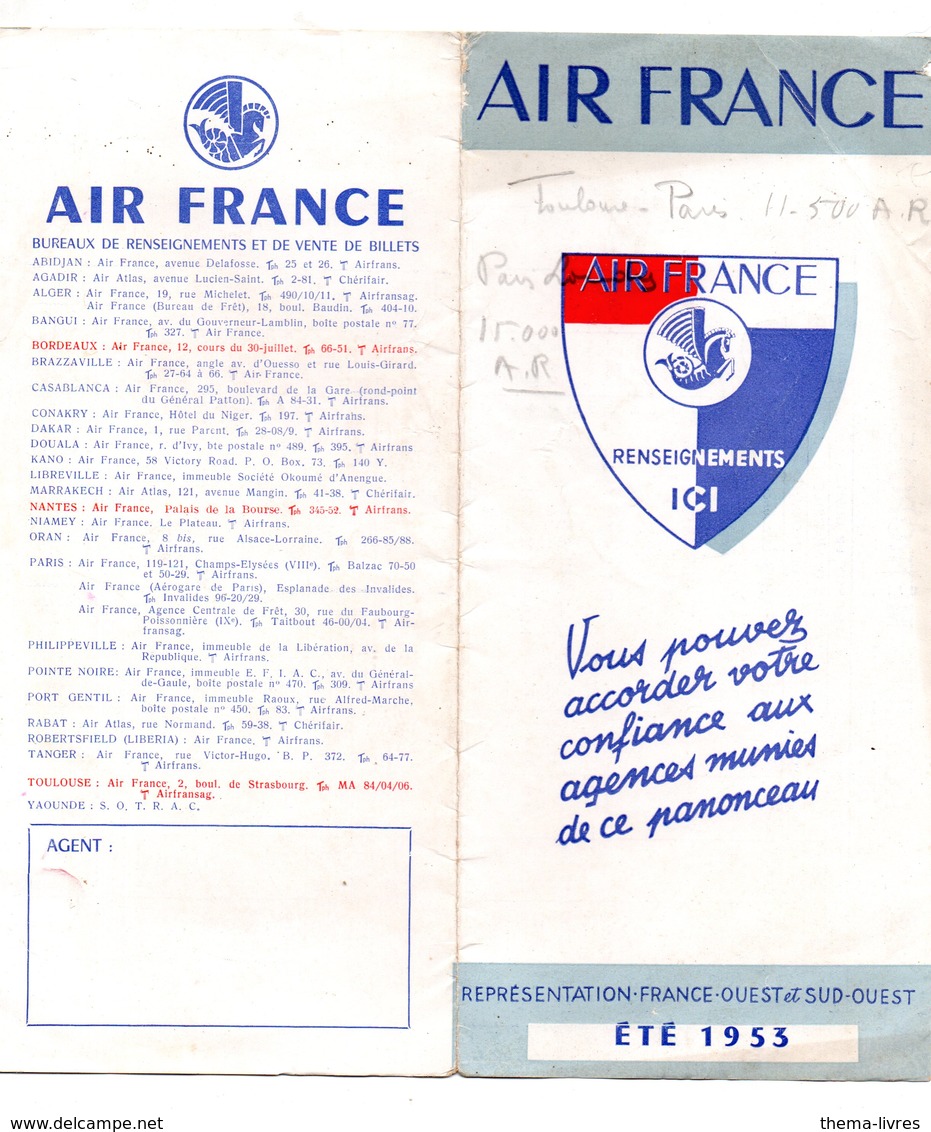 (aviation) AIR FRANCE  Dépliant Horaires 1953 (PPP11808) - Monde