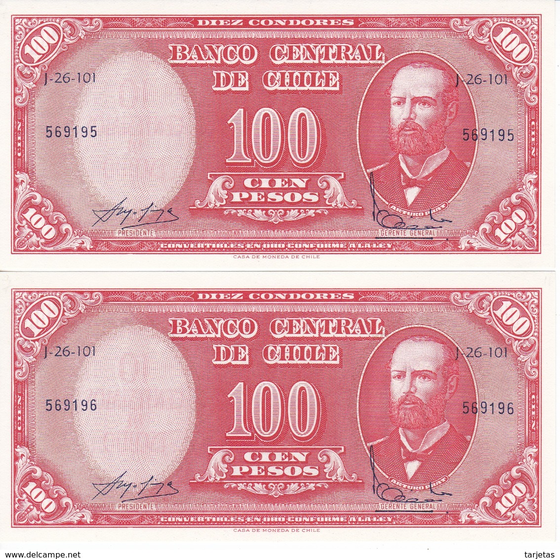 PAREJA CORRELATIVA DE CHILE DE 100 PESOS AÑO 1960 SIN CIRCULAR - UNCIRCULATED (BANK NOTE) - Chile