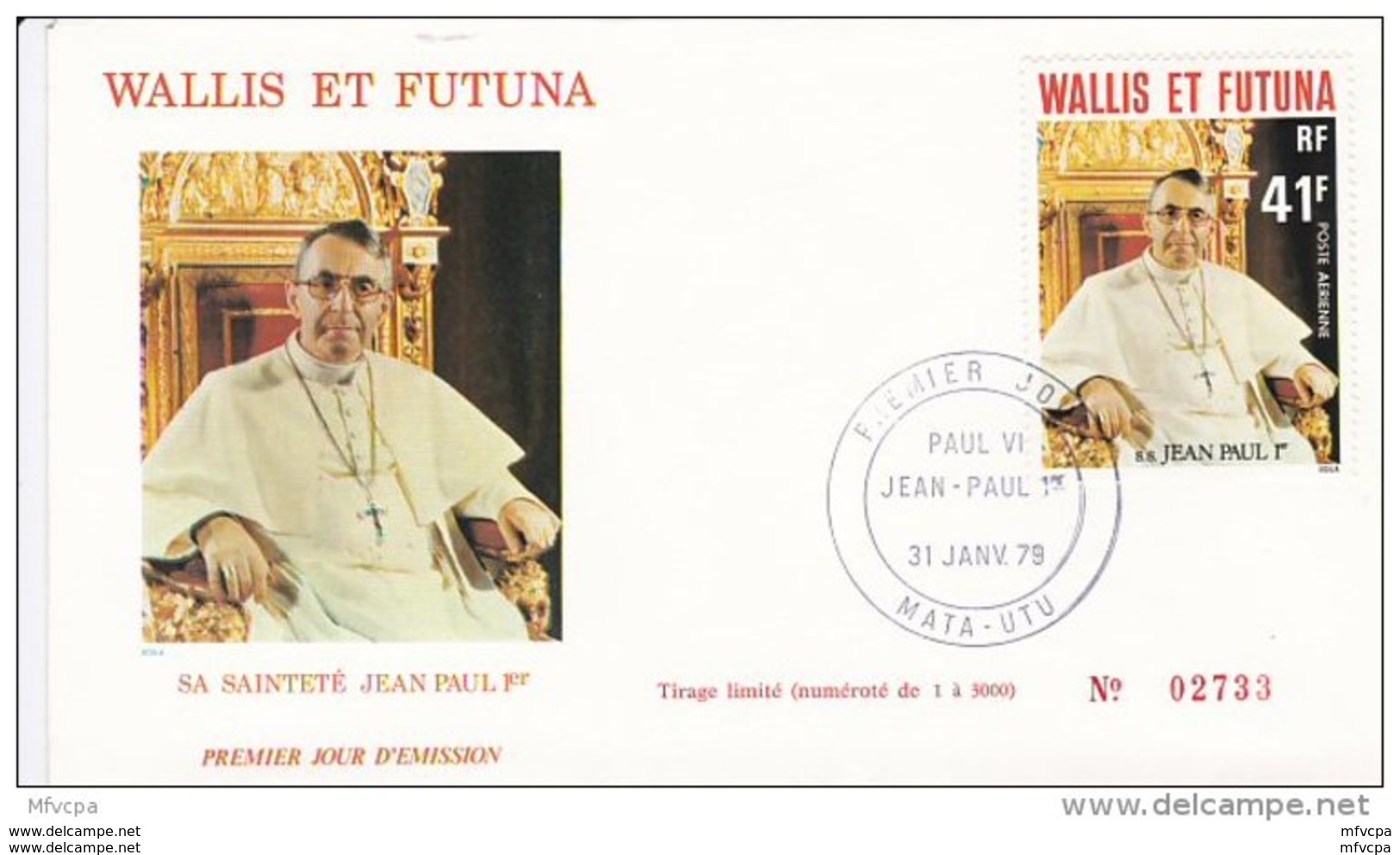 L4N040 WALLIS ET FUTUNA 1979 Pape FDC Sa Sainteté Jean Paul 1er 41f Mata-Utu 31 01 1979 / Envel.  Illus. - FDC