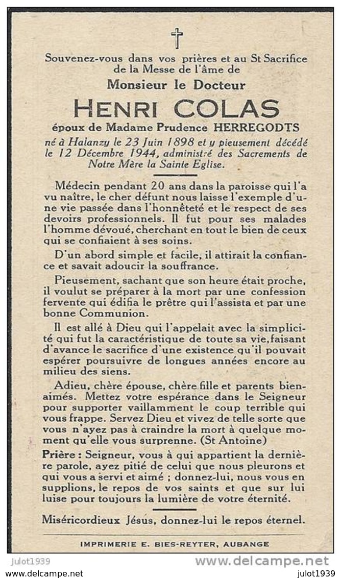 HALANZY ..-- Mr Henri COLAS , époux De Mme Prudence HERREGODTS , Né En 1898 , Décédé En 1944 à HALANZY .. - Aubange